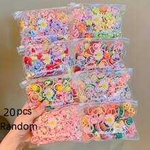 20-Pcs Cute Flower Hair Ties For Women And Girls - Simple Floral Elastic Hair Bands With Fruits And Animals Details, Plastic Material, Versatile For Ponytails And Hairstyles