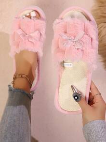 女士蝴蝶结露趾拖鞋，透气舒适柔软鞋底，适合客厅和卧室，四季皆宜 - 粉色 - 查看 1