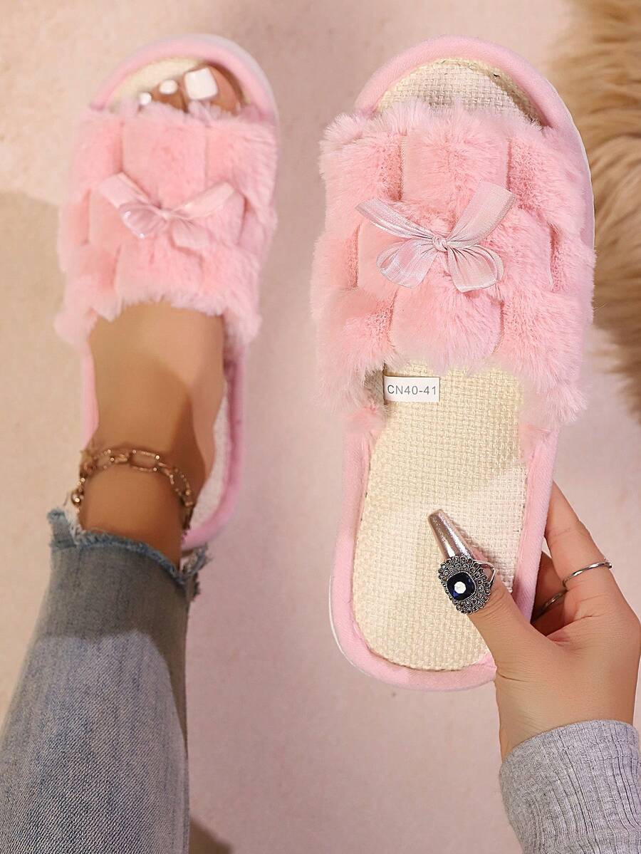 女士蝴蝶结露趾拖鞋，透气舒适柔软鞋底，适合客厅和卧室，四季皆宜 - 粉色 - 查看 1