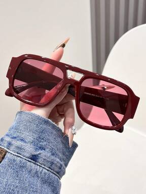 1 Pair Women Red Frame Fashion Glasses, Fashionable Beach Accessory For Summer Shades Casual Style Oversized Aviator Frame For Going Out Outfit,Back To School