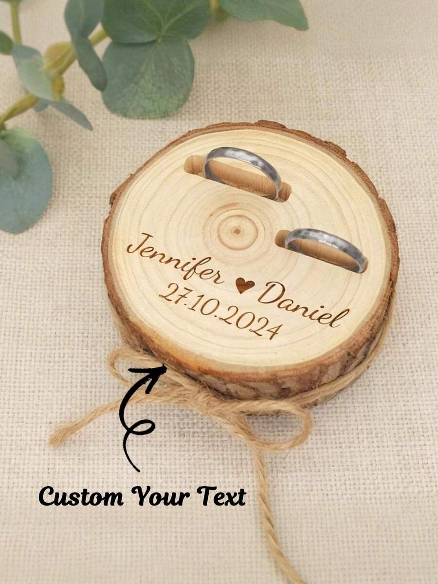 Custom Personalised Engraved Wooden Inlay Ring Box Wedding Ring Holder With Names And Date Vintage Rustic Velvet Ring Box - Multicolor - View 1