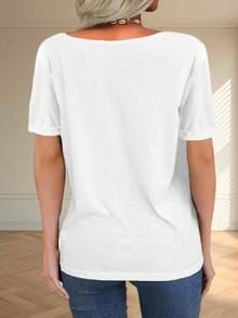 Women Deep V Neck Short Sleeve Tops Solid Casual Loose Basic T Shirt - White - View 2