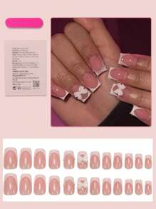 24 Stück mittlere quadratische Aufklebe-Nägel mit weißer französischer Spitze, rosa XXL/XXXL lange quadratische Nägel mit Schleife & Perlen verziert, süßer Stil Komplett-Abdeckung für Frauen und Mädchen, Sommer Nägel Kunst Charme, Täglicher Gebrauch Nagel Zubehör