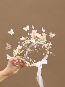 1pc Woodland Style Children's Flower Crown Headband, Lively Butterfly & Pearl Crown, Flower Girl Headpiece For Wedding, Floral Headband For Wedding, Party - Multicolor - View 14