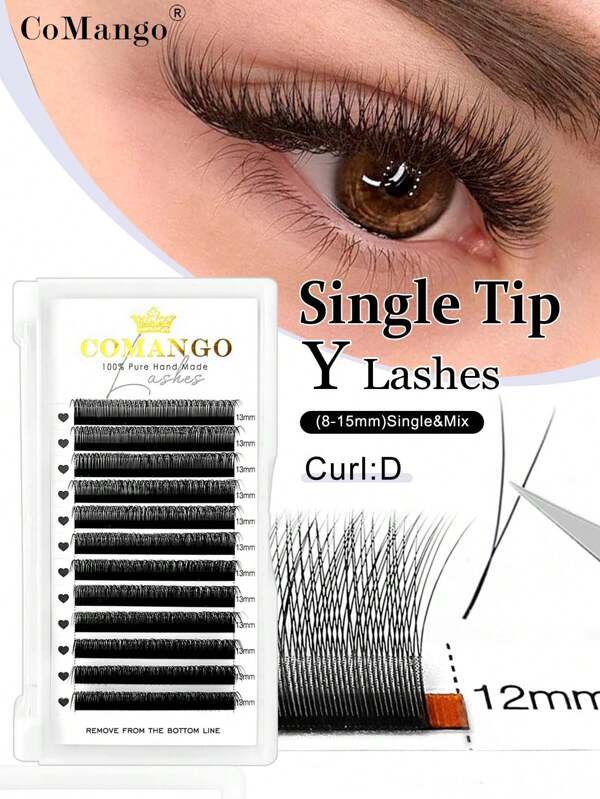 CoMango 12 líneas de extensiones de pestañas negras de un solo extremo efecto 1D Y, de 0.07MM de grosor, de raíz única, con efecto de encriptación, naturales, suaves y ligeras, pestañas premontadas en 2D