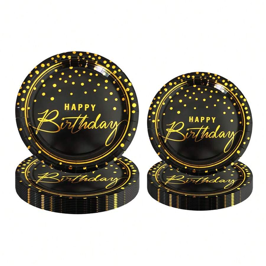 10 Stücke/20 Stücke/Set, glücklicher Geburtstag Einweg-Geschirr Set Partyzubehör, schwarze und goldene Pappteller für 10 Gäste für Geburtstagsdekoration