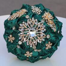 1 件时尚新娘婚礼奢华金色水钻花束，配祖母绿缎带、玫瑰、人造永生花球，适用于婚礼、情人节求婚、教堂玫瑰插花 W319I - 手捧花 - 查看 2