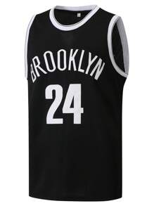 Herren Basketball Trikot im Boyfriend-Stil, Nr. 24, Schwarz, besticktes ärmelloses Sport-Top