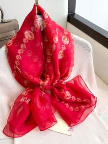 1pc Women's Red Chiffon Scarf, Lightweight Versatile Shawl, Suitable For Spring, Autumn, Travel & Sun Protection - Red - View 5
