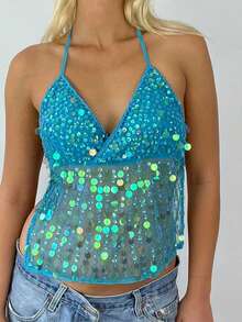 Women's Halter Neck Vest Summer Sleeveless Open Back Slim Fit Tie Up Sequins Tank Tops - 藍色 - 查看 2