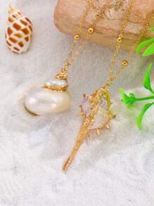 1 pieza Collar con colgante de concha de mar con borde dorado, accesorio de joyería elegante y único para vacaciones de verano en la playa, regalo