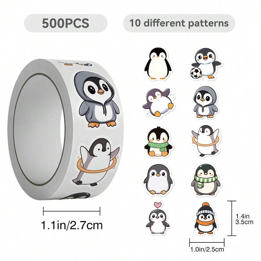 500pcs Penguin Sticker Roll, Animal Stickers, Decorative Stickers, Fun Stickers, Penguin Gifts, Cute Stickers, Back To School, First Day Of School - Multicolor - View 1