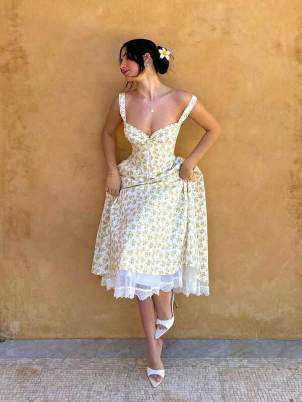 Vestido feminino de verão com estampa floral e cintura alta, para festa e jardim