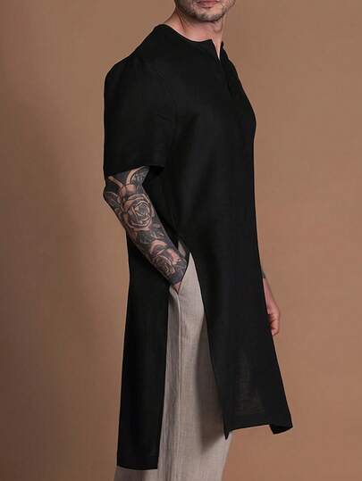 GOLDREDY Men's Casual Fashion Long T-Shirt, Solid Color, Soft Woven Fabric, Minimalist Loose Fit, Breathable, Suitable For Outings, Outdoor Activities, Commuting, Versatile, Style, Essential For Men, Ramadan Short Sleeve Robe