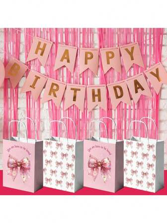 6/12pcs - Reusable Pink Bow Gift Bags With Handles, Medium Size Party Favor Bags For Birthdays, 8.6x6x2.8 Inches, Suitable For Gifts, Holiday Presents Valentine's Day Mother's Day Graduation
