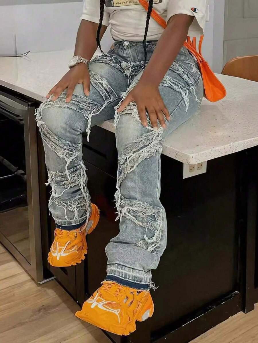 Y2K 90s Street Slant Pocket High Cotton Stretchy Distressed Raw Frayed Unique Tassel Design Patchwork Hip Hop Jeans Music Festival,  Everyday Wear