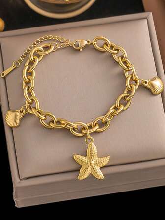 1 pieza Brazalete con colgante de acero inoxidable de 18K con forma de estrella de mar y concha, de moda, adecuado para mujeres, playa, fiesta, resistente al agua, joya de regalo, EE. UU.