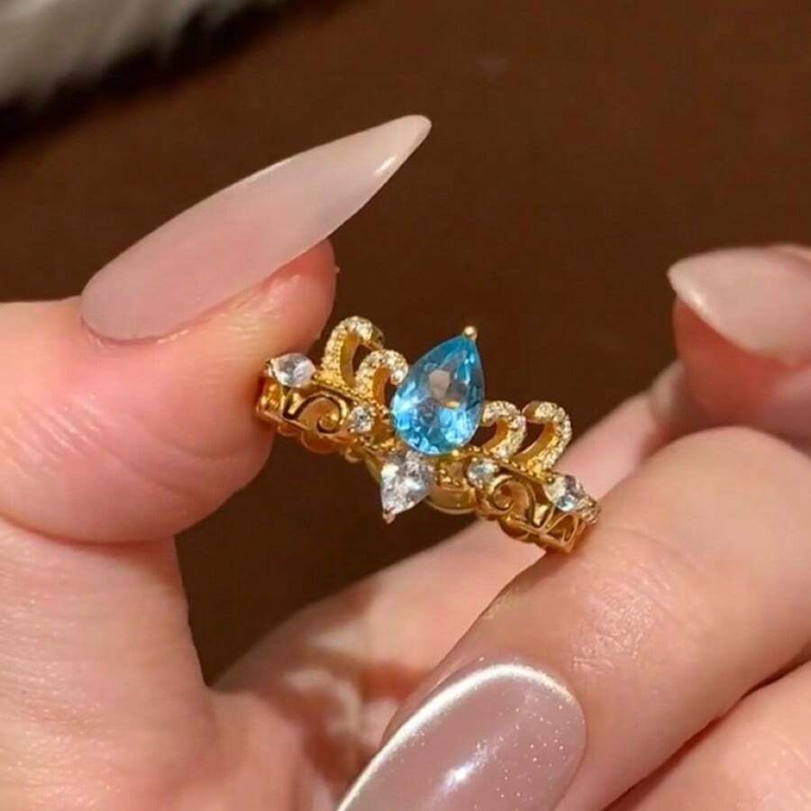 1 件复古蓝色泪滴皇冠戒指，轻奢复古宫廷设计，食指戒指的多功能设计