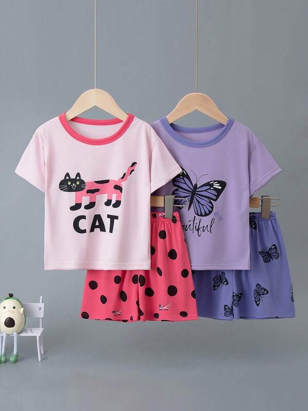 4pcs/Set Girls Cartoon Cat & Bow Print Short Sleeve Shorts Pajama Set, Summer Thin Sleepwear Homewear Suit For Toddlers