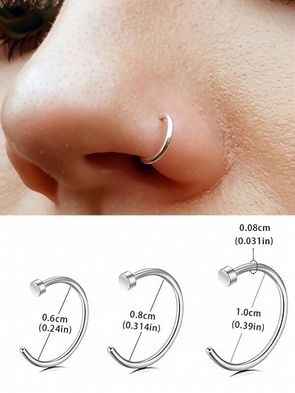 Set da 3 orecchini a forma di C minimalisti, anello per il naso senza foratura in argento/oro/nero, in acciaio inossidabile, unisex, adatti per ogni occasione