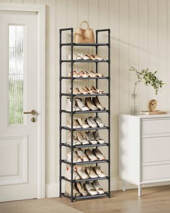 SONGMICS Schuhregal,10 Ebenen, Schuhablage, Schuhaufbewahrung, schmal, 28 x 45 x 173 cm, Metallgestell, Ablagen aus Vliesstoff, für Flur, Schlafzimmer, grau
