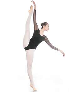 balletto 成人芭蕾紧身衣，健身紧身衣，适合舞蹈训练、教师、考试，高领拼色设计，适合空中瑜伽、体操 - 黑色 - 查看 7