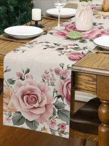 1pc Pink Heart Rose Floral Print Table Runner, Kitchen, Dining Room Decor, Holiday Decor, Home Gathering, Home Decor, Wedding Setting, Outdoor Dining, Coffee Table Decoration