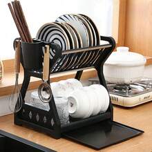 1pc Kitchen Organizer Rack, Kitchen Utensils & Cookware Storage Shelf, Countertop Dish Drying Rack, Multi-Tier Storage Cabinet - Black - View 8