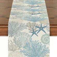 1 件/4 件/6 件亚麻桌旗/餐垫套装，桌旗配 6 个配套餐垫，夏季海洋和海星主题桌旗和餐垫套装，主题餐厅餐垫，节日厨房餐桌装饰，家庭派对装饰 - 藍色 - 查看 13