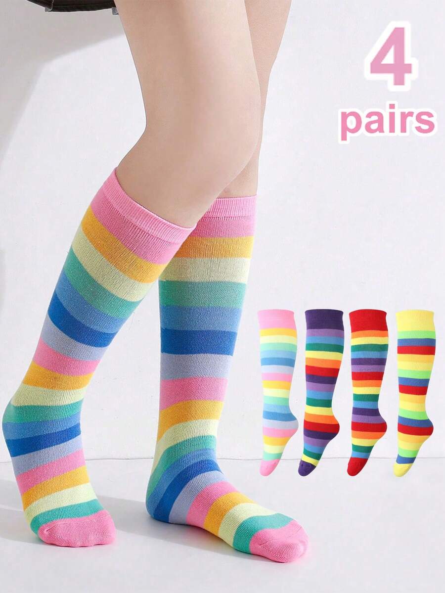 4 Pairs Girls Rainbow Straight Over-The-Knee Long Socks, Suitable For Daily Matching, All Seasons - Multicolor - View 1