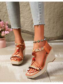 Sandalias de cuña con plataforma y tacón grueso para mujer, sandalias bohemias con cuentas y diseño slip-on