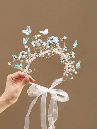 1 件自然风格儿童花冠头带，优雅蝴蝶珍珠公主皇冠，婚礼花童发饰，浪漫花卉头饰，适合婚礼、派对