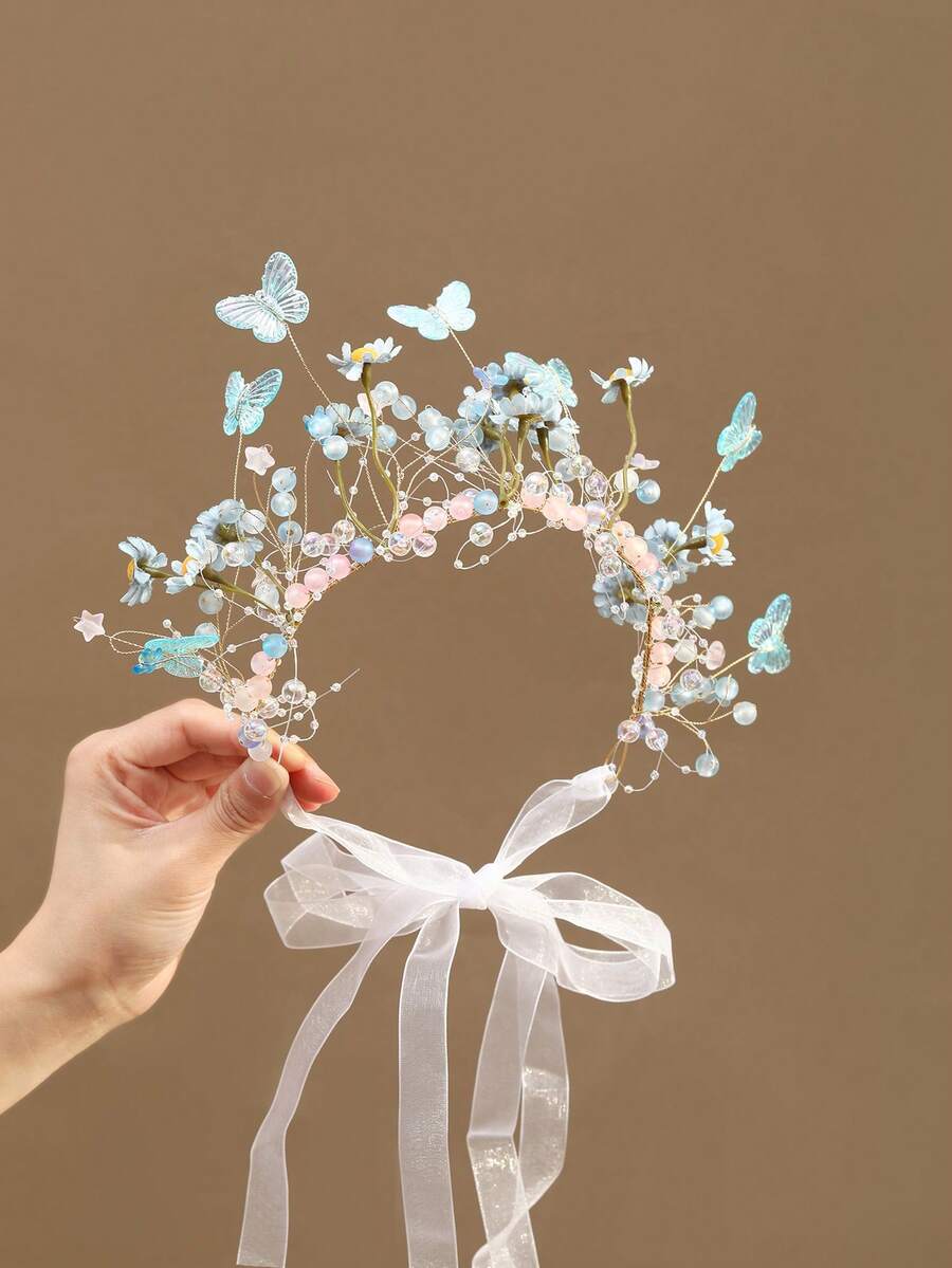 1pc Woodland Style Children's Flower Crown Headband, Lively Butterfly & Pearl Crown, Flower Girl Headpiece For Wedding, Floral Headband For Wedding, Party - Multicolor - View 1