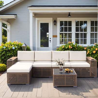 Patio Furniture Set 6-Piece Outdoor Sectional Sofa Hollow Rattan Patio Seating Sofa With Coffee Table & Ottoman For Deck, Porch, Poolside