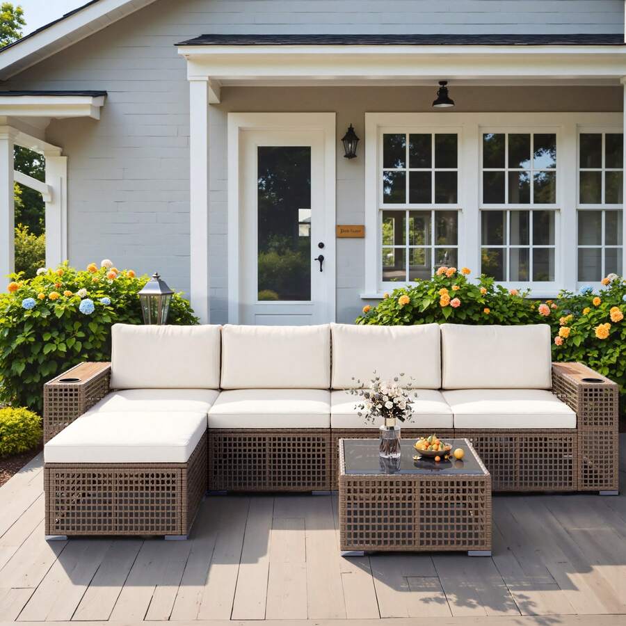 Devoko Patio Furniture Set 6-Piece Outdoor Sectional Sofa Hollow Rattan Patio Seating Sofa With Coffee Table & Ottoman For Deck, Porch, Poolside - trắng - Xem 1