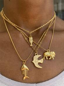 New Stainless Steel Ocean Elements Fish & Elephant Pendant Necklace, Summer Beach Vacation Jewelry For Women