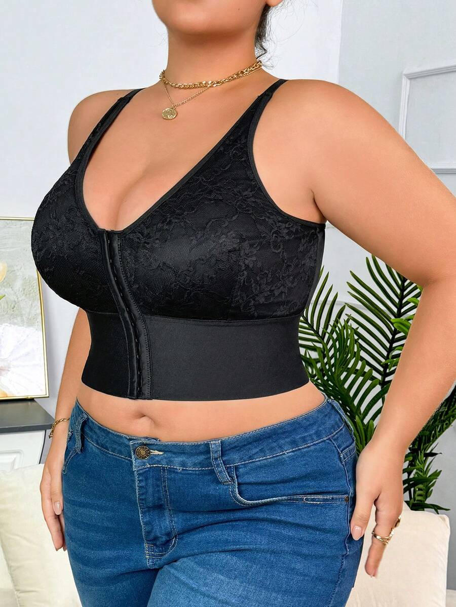 1 pieza Sujetador casual minimalista de talla grande para mujer con inserción de encaje y botón delantero, para todo el año - Negro - Ver 1