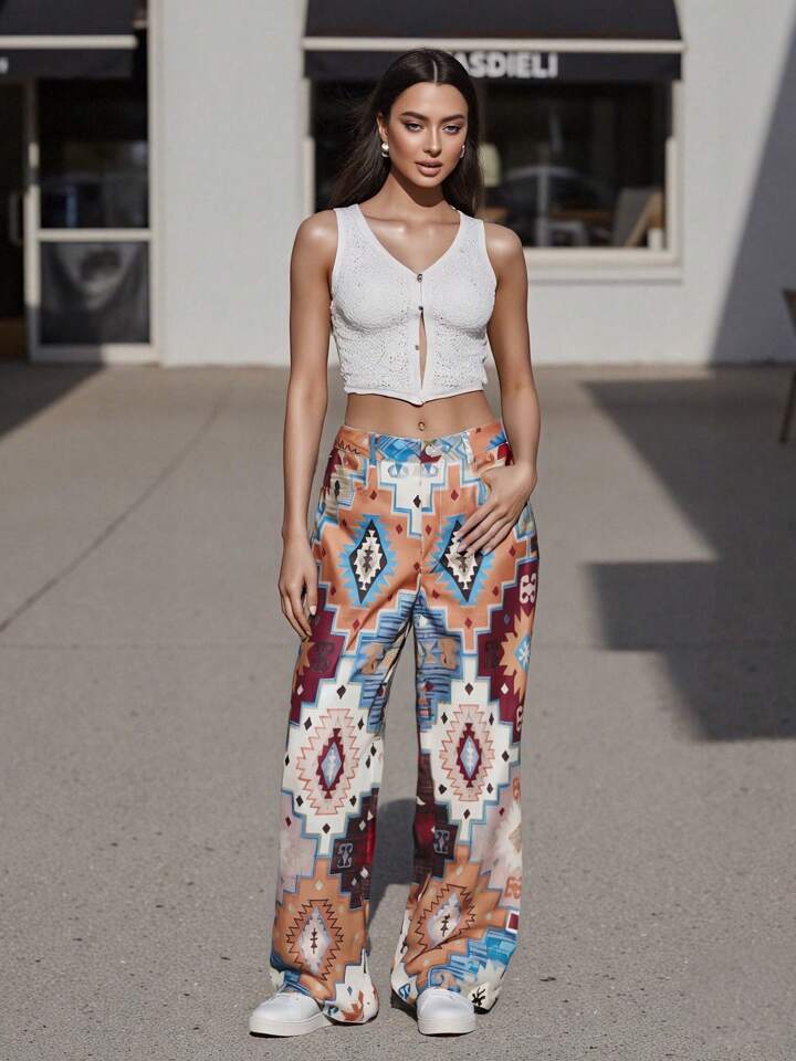 Women Wide Leg Denim Pants Tie-Dye/Vintage Print Long Imitation Jeans Casual Plus Size Trousers