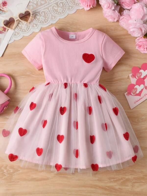 Vestido de Verão para Meninas Sem Manga com Bordado de Coração em Tela de Tule com Recortes