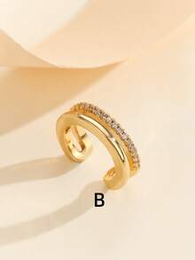 1pc Minimalist Fashion Rhinestone Double Layer Ear Cuff Clip-On Earring, Copper Plated , Unisex Design - Yellow Gold - View 12