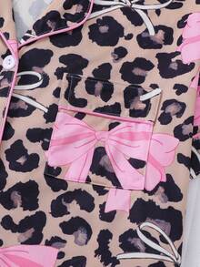 2pcs Leopard Bowknot Print Women Pajama Set, Collar Shirt Short Sleeve Comfortable Top And Elastic Waist Shorts, Fashionable Sleepwear Loungewear For Holidays Party And Casual Wear