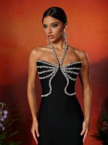 Elisanya Love Aing Women's Luxury Evening Gown, Halter Neck Heavily Embellished Backless Sexy High Slit Formal Party Elegant Dress