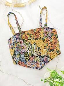 1pc Sexy Vintage Floral Print Cropped Low Neck Backless Tight Fitting Women's Camisole Tank Top
