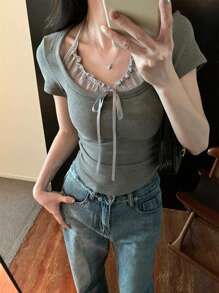 女士夏季系带二合一短袖打结修身 T 恤