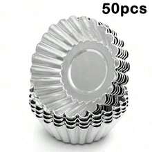 5/10/20/50件铝制蛋挞/饼干模具，可重复使用的厨房烘焙工具，花杯布丁模具，蕾丝边蛋挞DIY蛋糕模具 - 銀色 - 查看 17