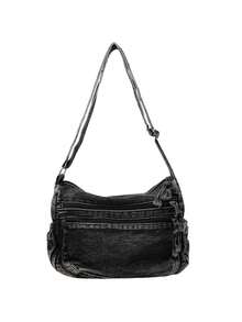 Vintage Denim Shoulder Bag For Women Stylish Adjustable Strap Crossbody Bags For Work - 黑色 - 查看 1