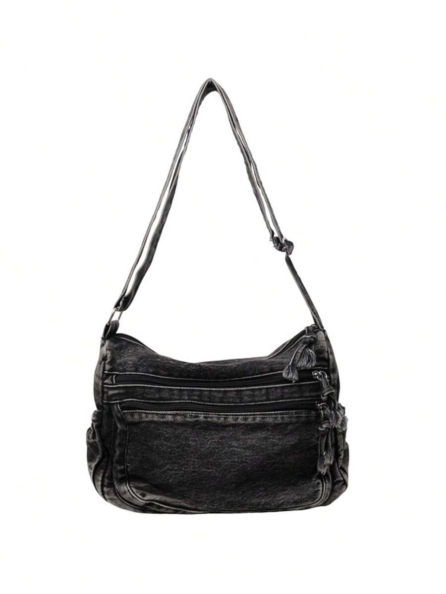 Vintage Denim Shoulder Bag For Women Stylish Adjustable Strap Crossbody Bags For Work - 黑色 - 查看 1