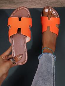 1双纯色鳄鱼纹波西米亚时尚休闲平底沙滩拖鞋 - 橘色 - 查看 1