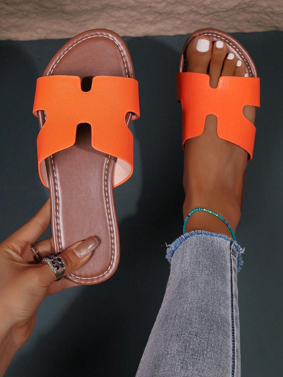 1双纯色鳄鱼纹波西米亚时尚休闲平底沙滩拖鞋 - 橘色 - 查看 1