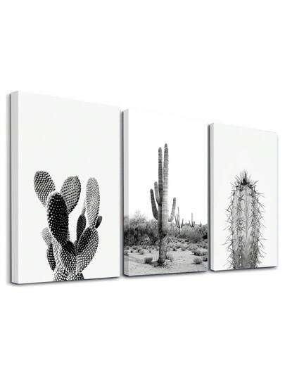 3 pièces Décoration murale Art de Cactus, Impression sur canevas Noir et Blanc, Affiche d'Art Naturel, Impressions d'Art Désertique, Peintures Minimalistes, Œuvre d'Art Textures, Décoration Maison, Esthétique de Pièce, Affiches, Cadeaux Idéaux, Pour Salon, Chambre à Coucher